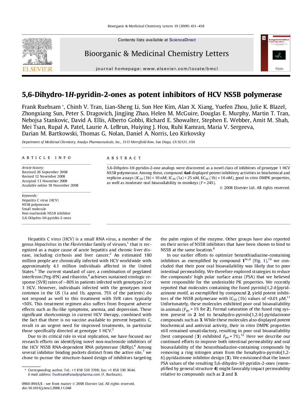 5,6-Dihydro-1H-pyridin-2-ones as potent inhibitors of HCV NS5B polymerase