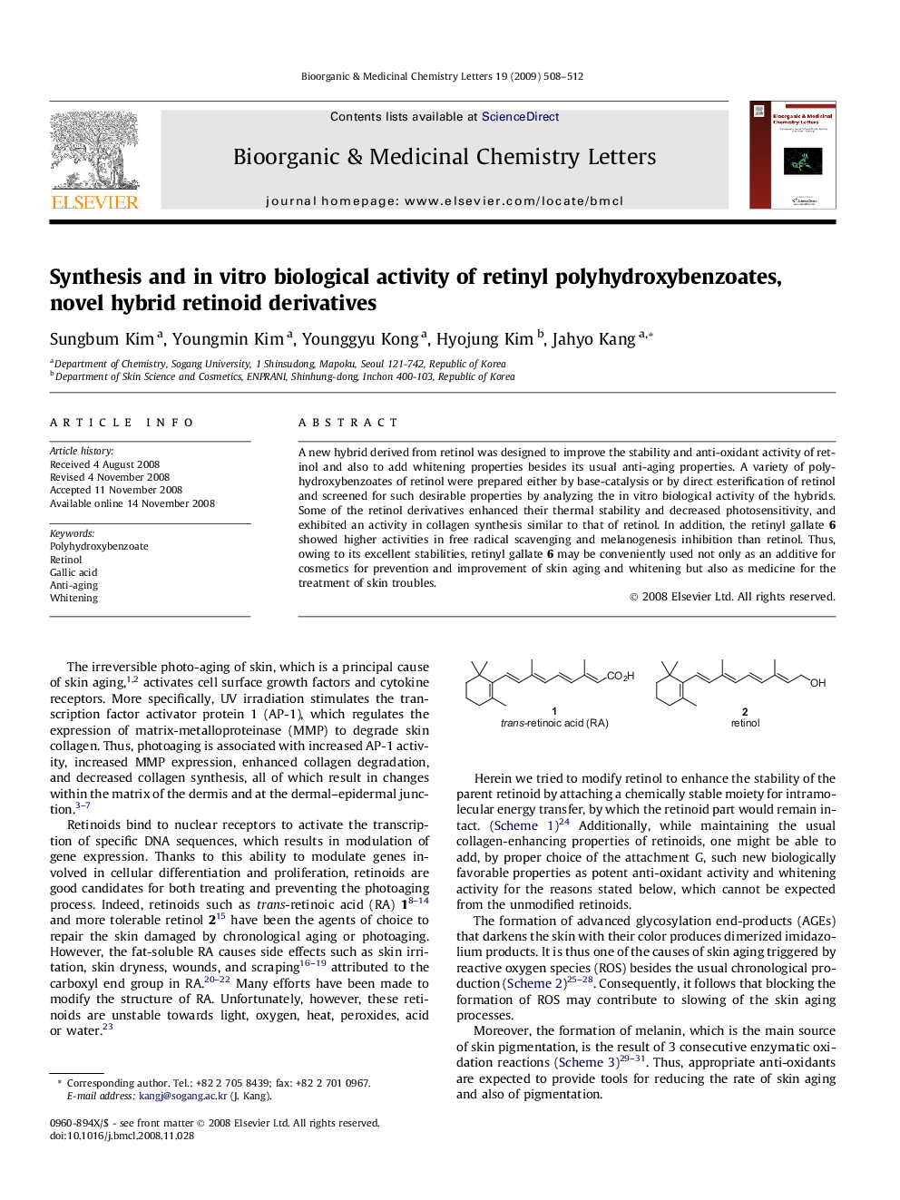 Synthesis and in vitro biological activity of retinyl polyhydroxybenzoates, novel hybrid retinoid derivatives