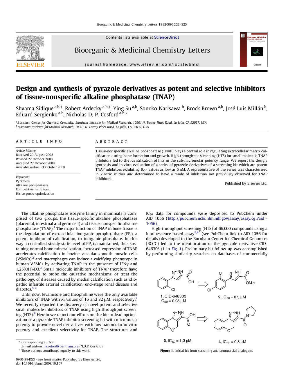 Design and synthesis of pyrazole derivatives as potent and selective inhibitors of tissue-nonspecific alkaline phosphatase (TNAP)