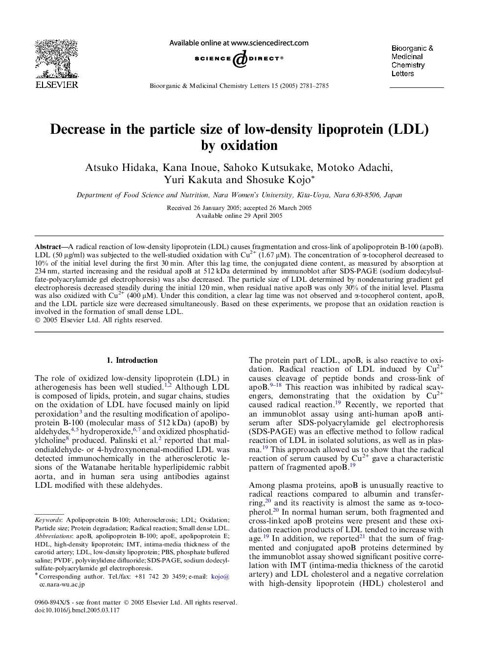 Decrease in the particle size of low-density lipoprotein (LDL) by oxidation