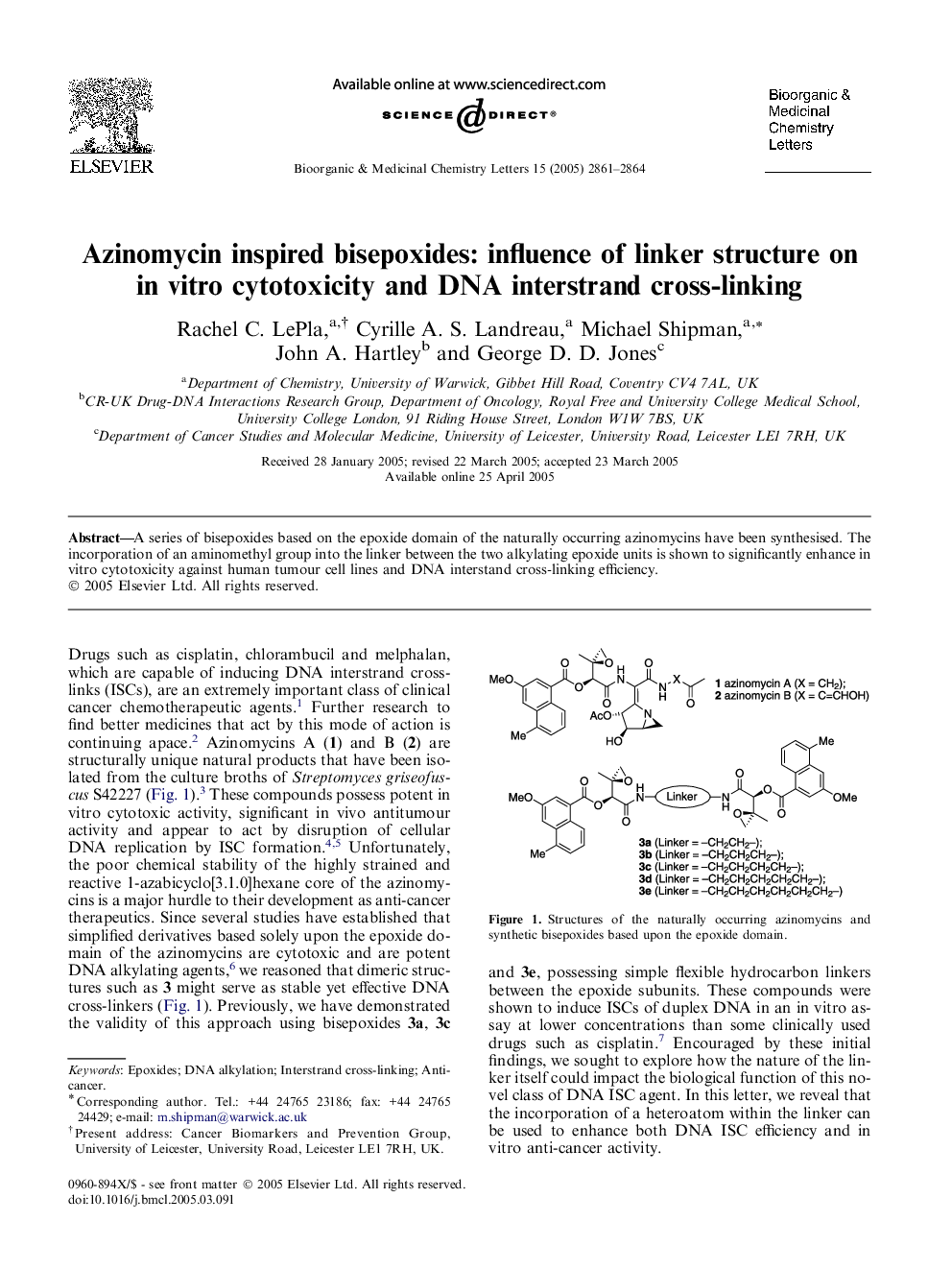 Azinomycin inspired bisepoxides: influence of linker structure on in vitro cytotoxicity and DNA interstrand cross-linking