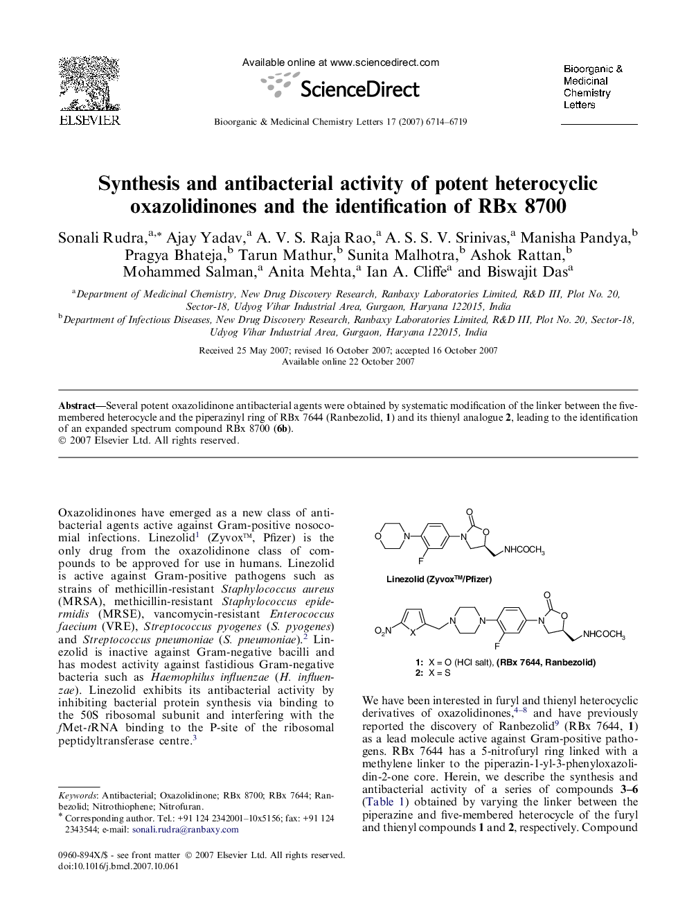 Synthesis and antibacterial activity of potent heterocyclic oxazolidinones and the identification of RBx 8700