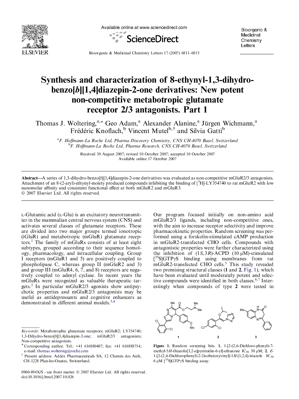 Synthesis and characterization of 8-ethynyl-1,3-dihydro-benzo[b][1,4]diazepin-2-one derivatives: New potent non-competitive metabotropic glutamate receptor 2/3 antagonists. Part 1