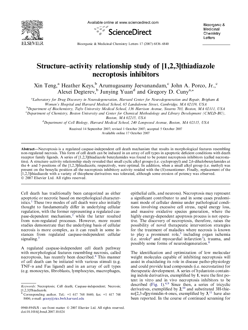 Structure–activity relationship study of [1,2,3]thiadiazole necroptosis inhibitors
