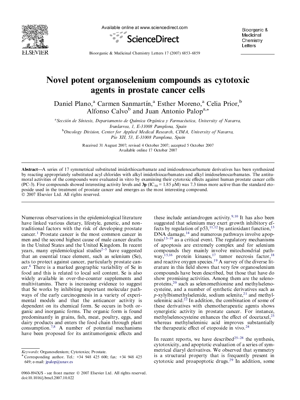 Novel potent organoselenium compounds as cytotoxic agents in prostate cancer cells