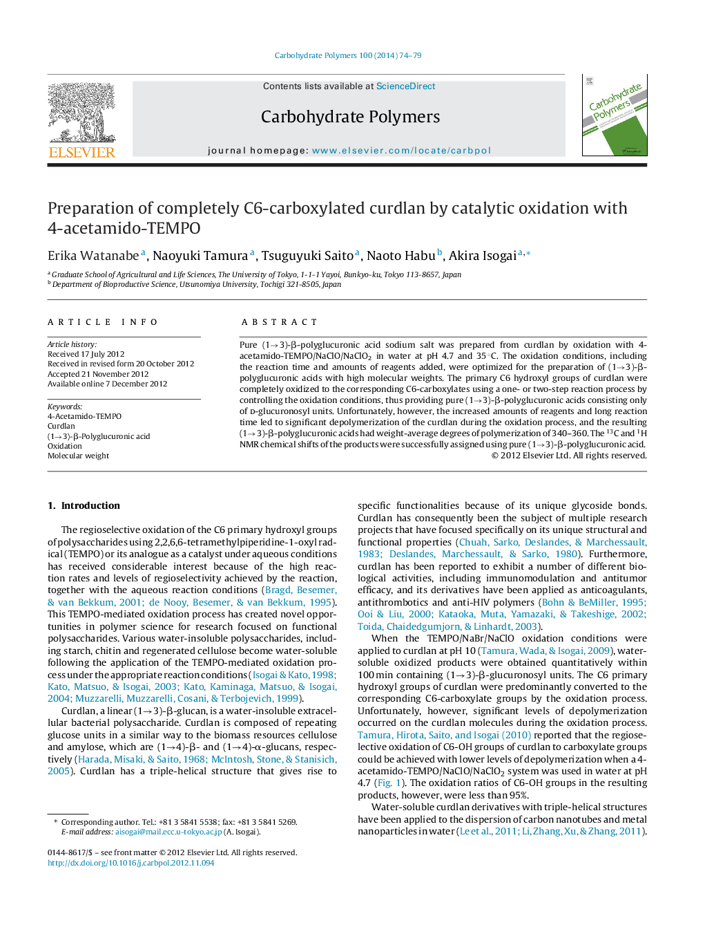 Preparation of completely C6-carboxylated curdlan by catalytic oxidation with 4-acetamido-TEMPO