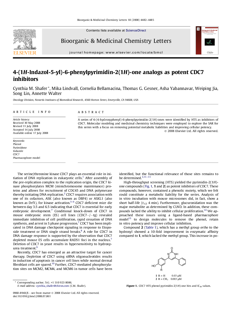 4-(1H-Indazol-5-yl)-6-phenylpyrimidin-2(1H)-one analogs as potent CDC7 inhibitors