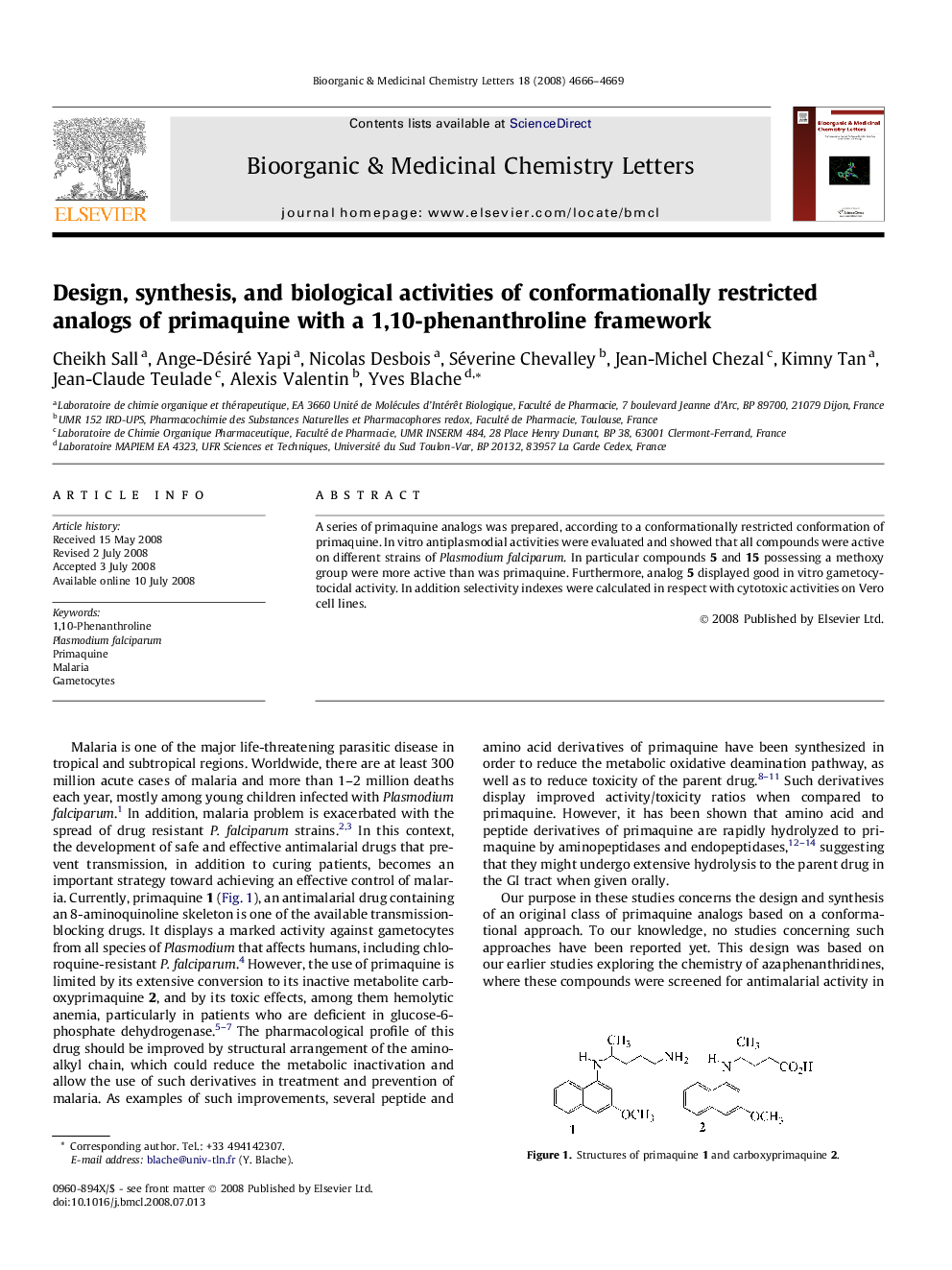 Design, synthesis, and biological activities of conformationally restricted analogs of primaquine with a 1,10-phenanthroline framework