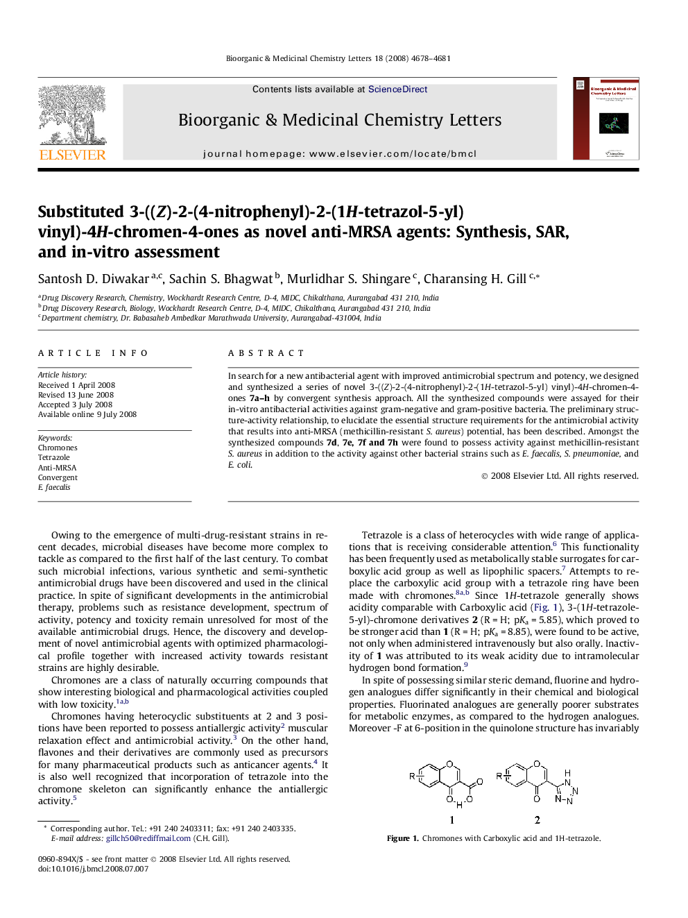 Substituted 3-((Z)-2-(4-nitrophenyl)-2-(1H-tetrazol-5-yl) vinyl)-4H-chromen-4-ones as novel anti-MRSA agents: Synthesis, SAR, and in-vitro assessment