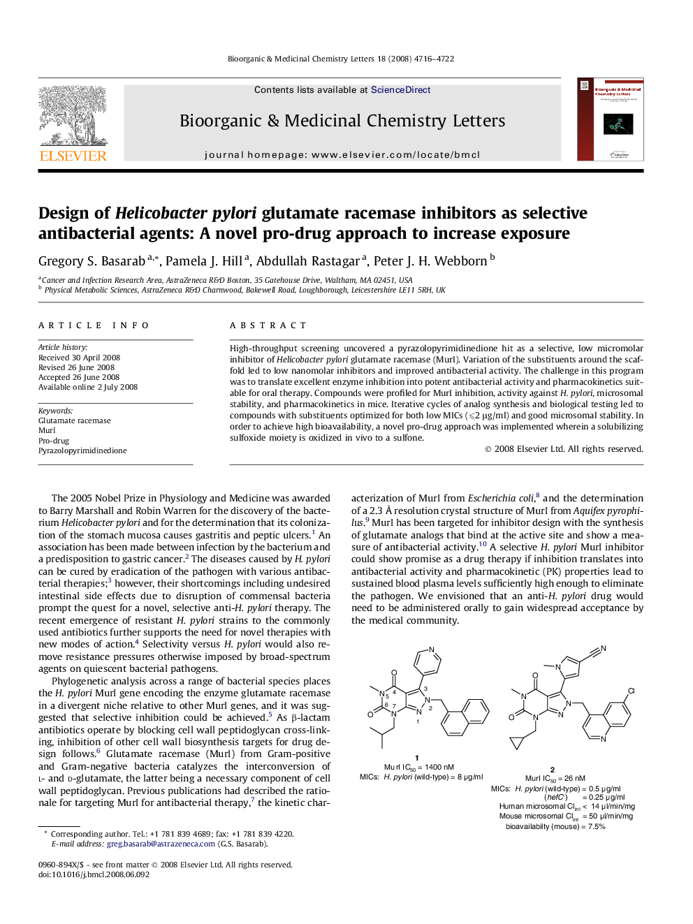 Design of Helicobacter pylori glutamate racemase inhibitors as selective antibacterial agents: A novel pro-drug approach to increase exposure