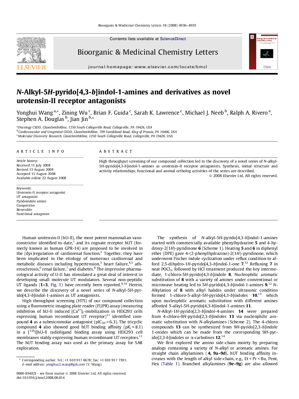 N-Alkyl-5H-pyrido[4,3-b]indol-1-amines and derivatives as novel urotensin-II receptor antagonists