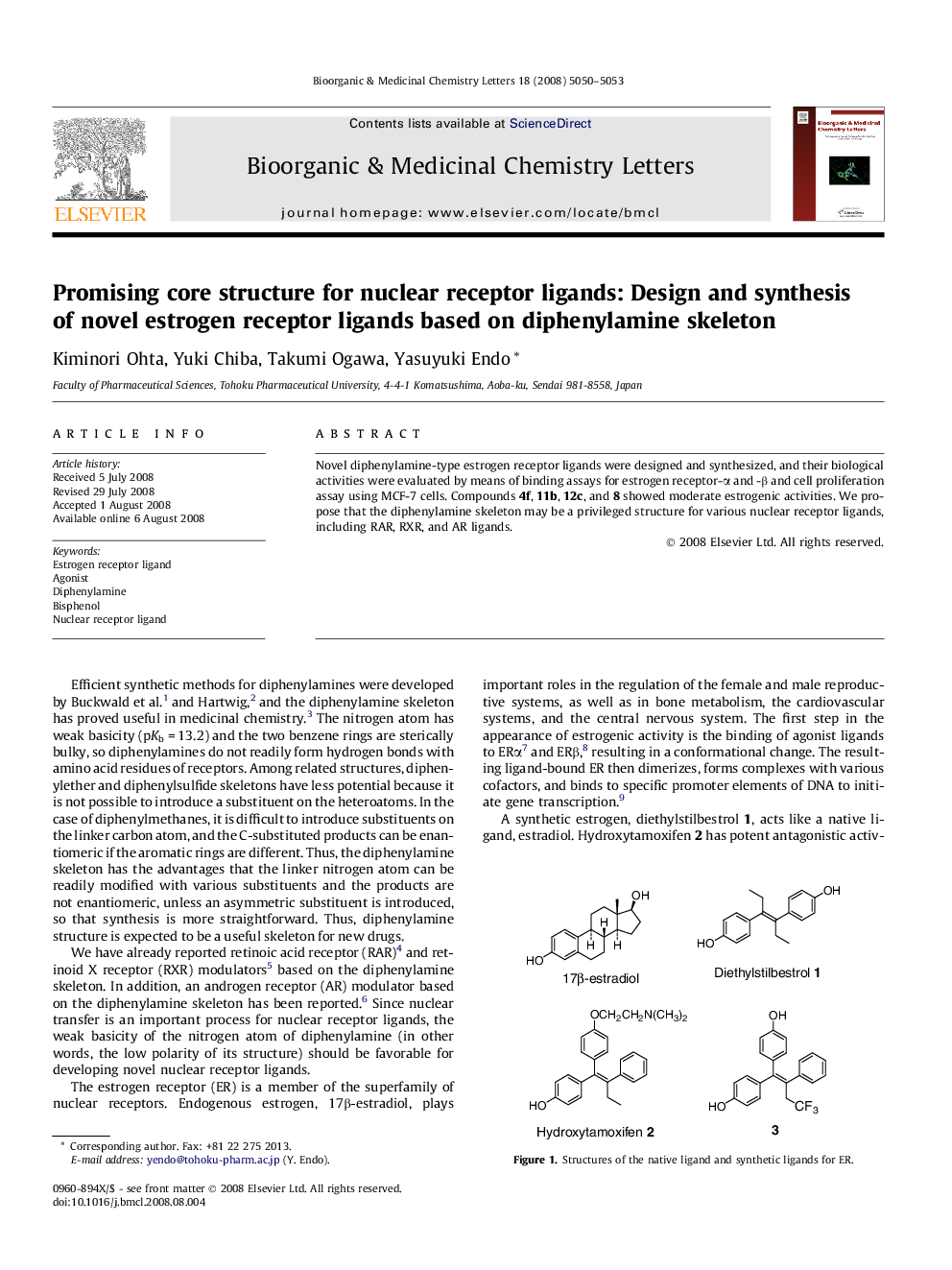 Promising core structure for nuclear receptor ligands: Design and synthesis of novel estrogen receptor ligands based on diphenylamine skeleton