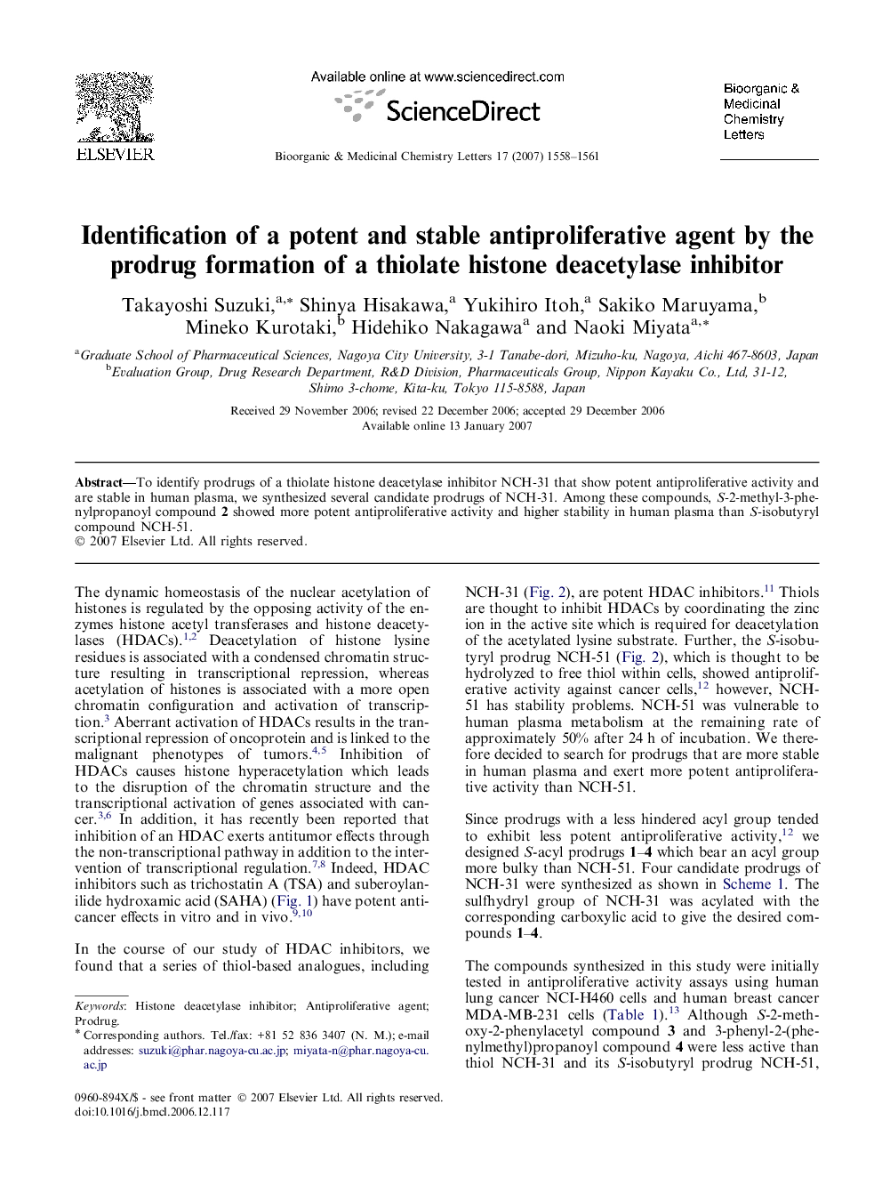 Identification of a potent and stable antiproliferative agent by the prodrug formation of a thiolate histone deacetylase inhibitor