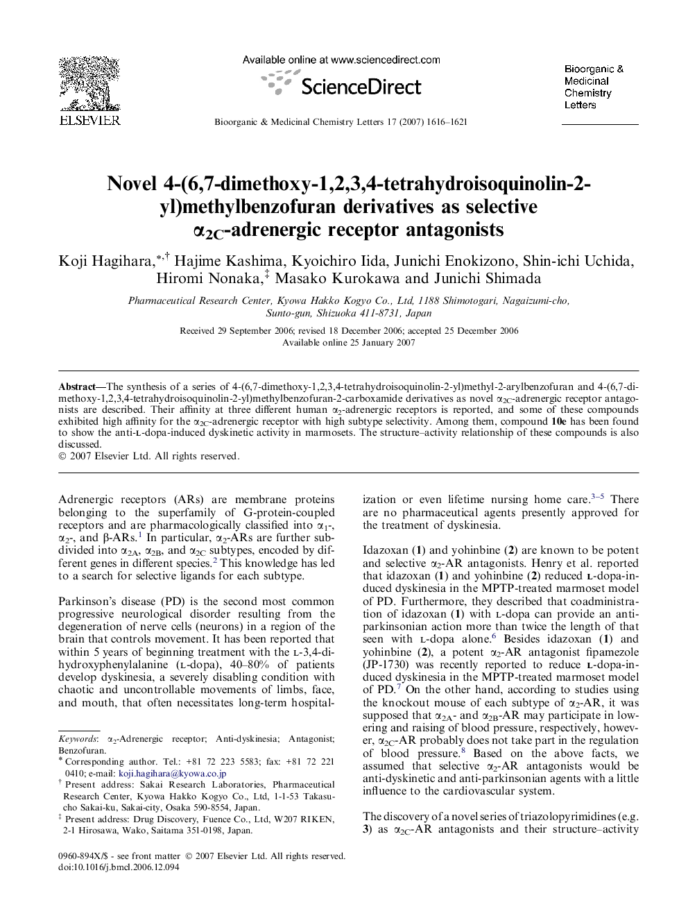 عکس صفحه اول مقاله: Novel 4-(6,7-dimethoxy-1,2,3,4-tetrahydroisoquinolin-2-yl)methylbenzofuran derivatives as selective α2C-adrenergic receptor antagonists Novel 4-(6,7-dimethoxy-1,2,3,4-tetrahydroisoquinolin-2-yl)methylbenzofuran derivatives as selective α2C-adrenergic receptor antagonists