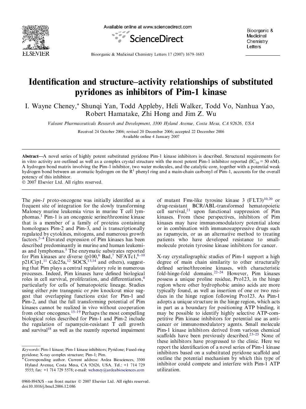 عکس صفحه اول مقاله: Identification and structure–activity relationships of substituted pyridones as inhibitors of Pim-1 kinase Identification and structure–activity relationships of substituted pyridones as inhibitors of Pim-1 kinase