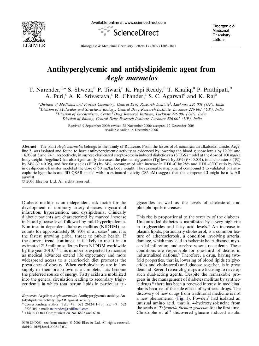 Antihyperglycemic and antidyslipidemic agent from Aegle marmelos