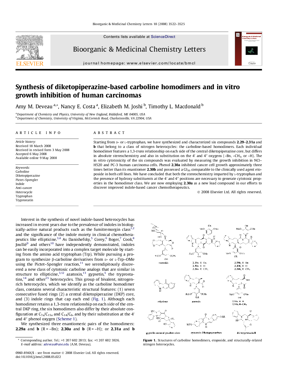 Synthesis of diketopiperazine-based carboline homodimers and in vitro growth inhibition of human carcinomas