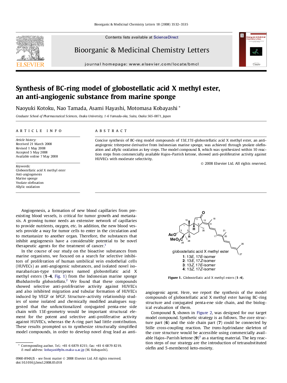 Synthesis of BC-ring model of globostellatic acid X methyl ester, an anti-angiogenic substance from marine sponge