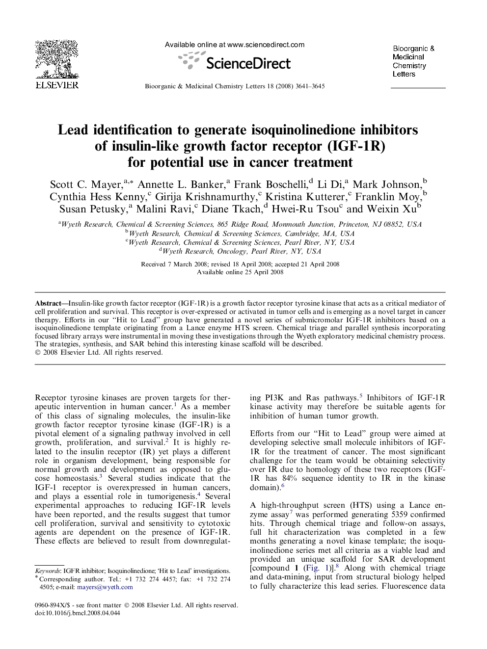 Lead identification to generate isoquinolinedione inhibitors of insulin-like growth factor receptor (IGF-1R) for potential use in cancer treatment