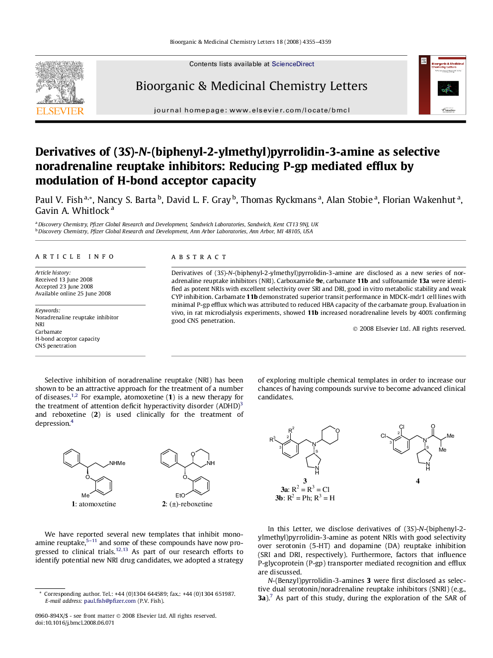 Derivatives of (3S)-N-(biphenyl-2-ylmethyl)pyrrolidin-3-amine as selective noradrenaline reuptake inhibitors: Reducing P-gp mediated efflux by modulation of H-bond acceptor capacity