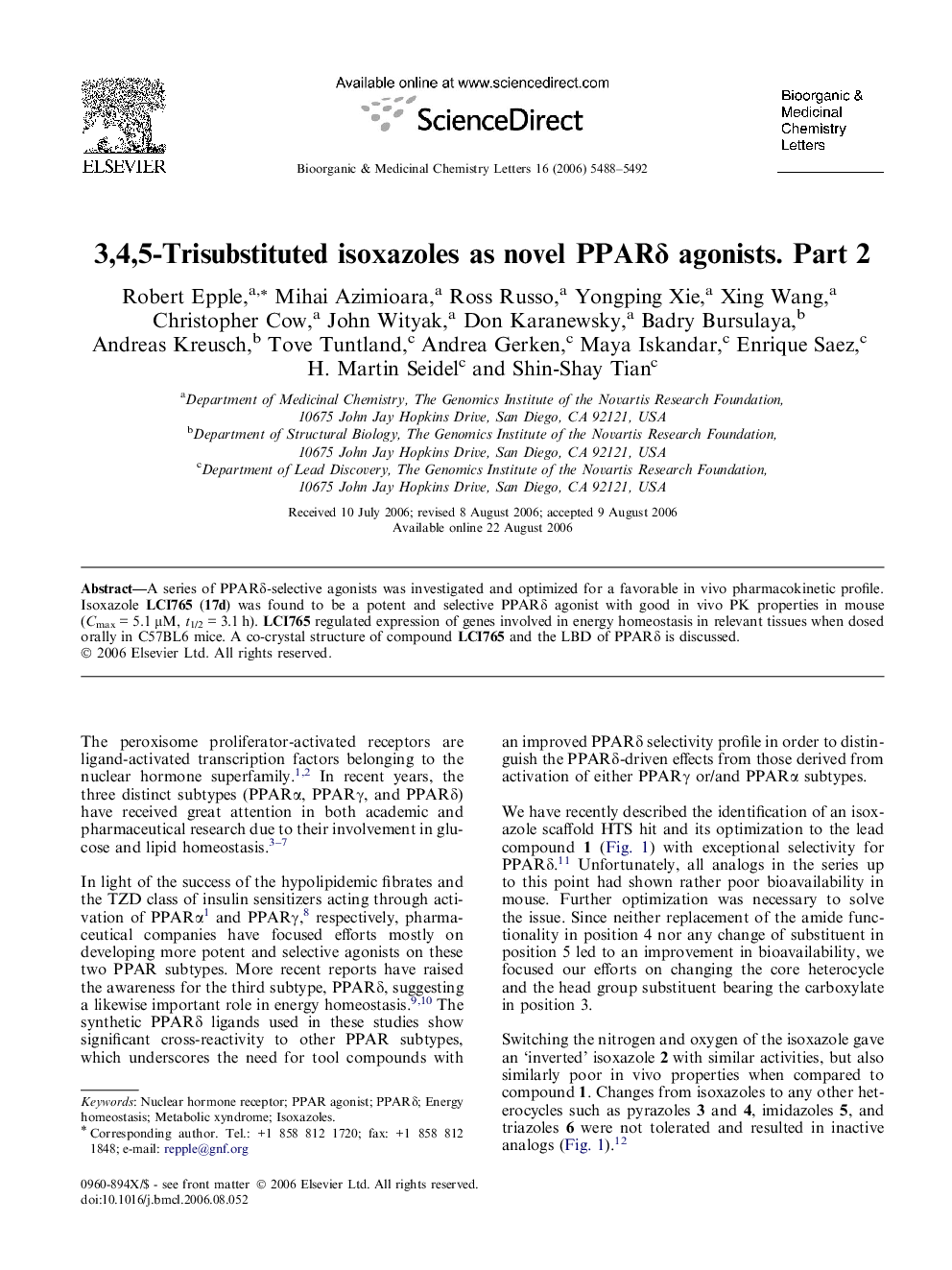 3,4,5-Trisubstituted isoxazoles as novel PPARδ agonists. Part 2