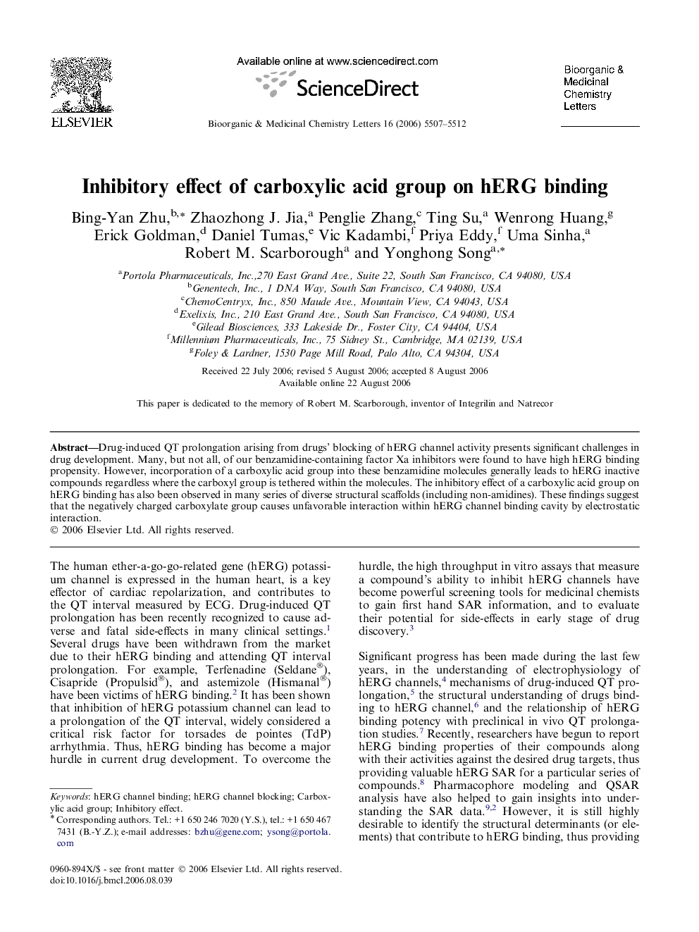 Inhibitory effect of carboxylic acid group on hERG binding