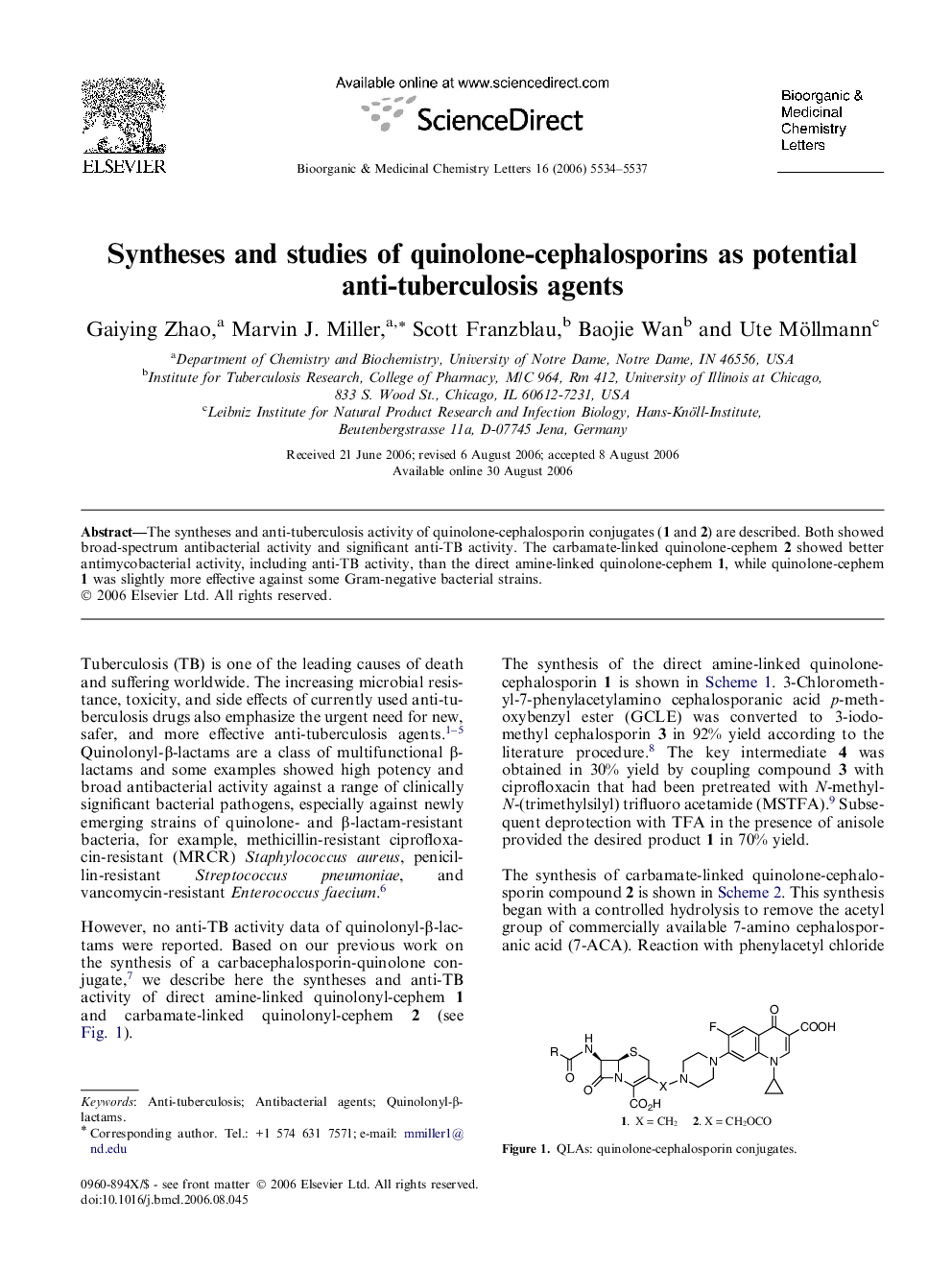 Syntheses and studies of quinolone-cephalosporins as potential anti-tuberculosis agents