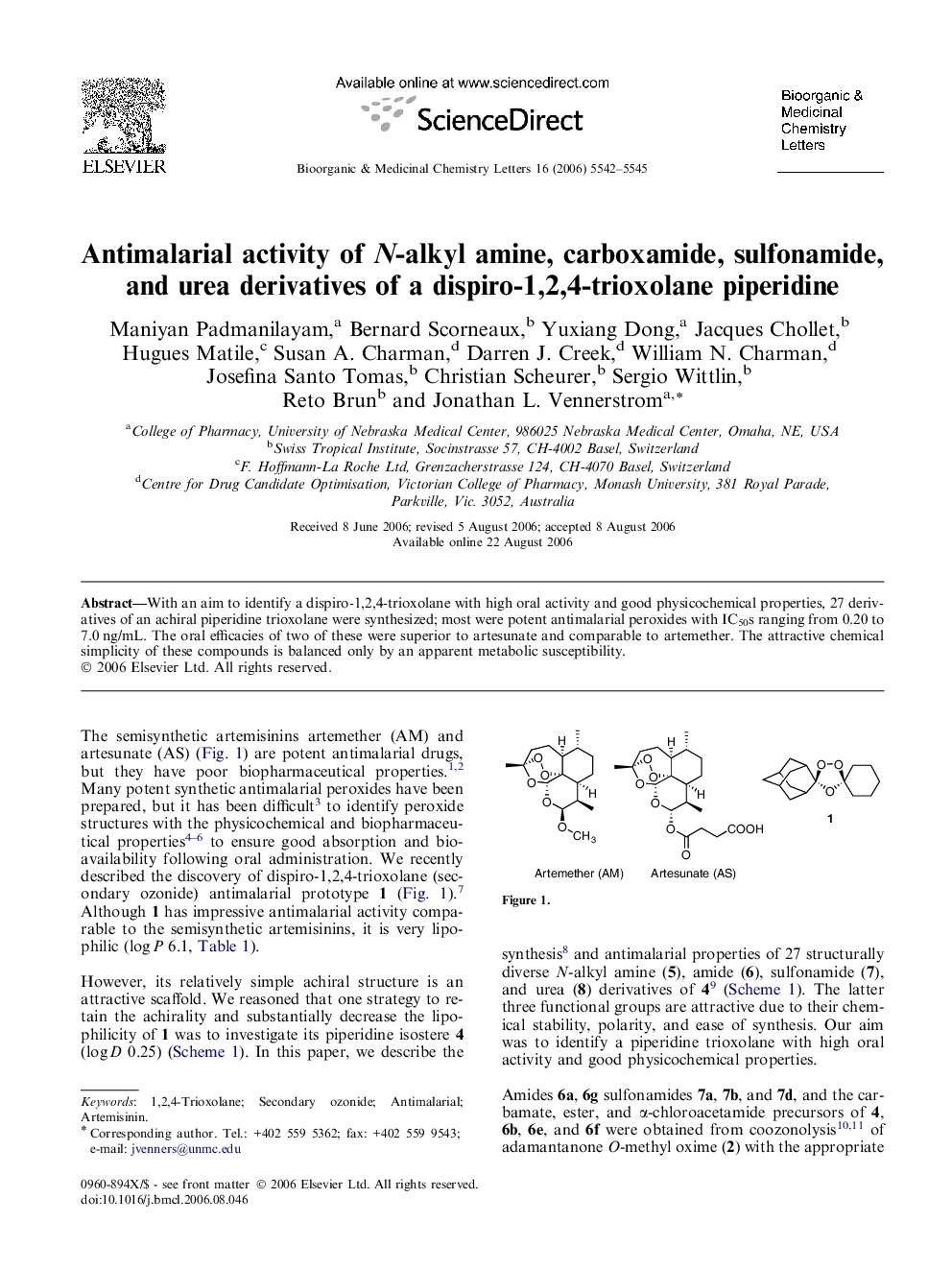 Antimalarial activity of N-alkyl amine, carboxamide, sulfonamide, and urea derivatives of a dispiro-1,2,4-trioxolane piperidine
