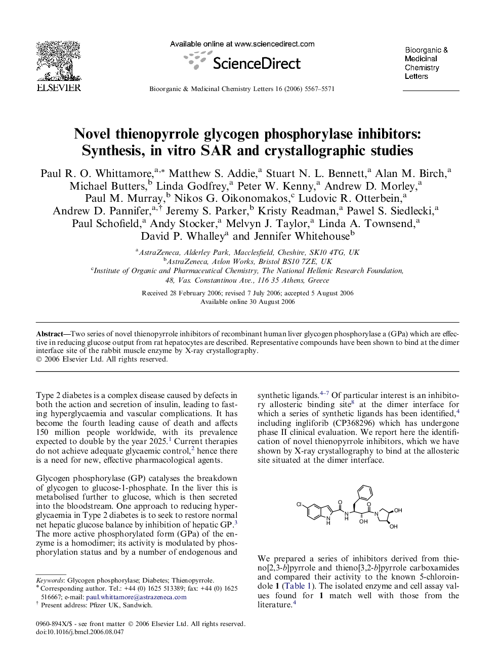 Novel thienopyrrole glycogen phosphorylase inhibitors: Synthesis, in vitro SAR and crystallographic studies