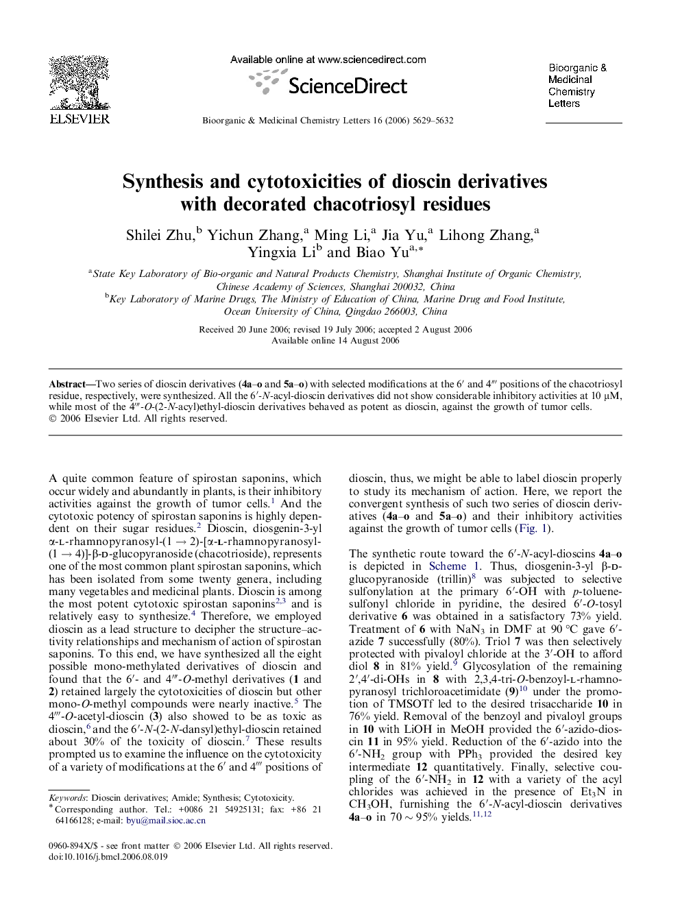 Synthesis and cytotoxicities of dioscin derivatives with decorated chacotriosyl residues