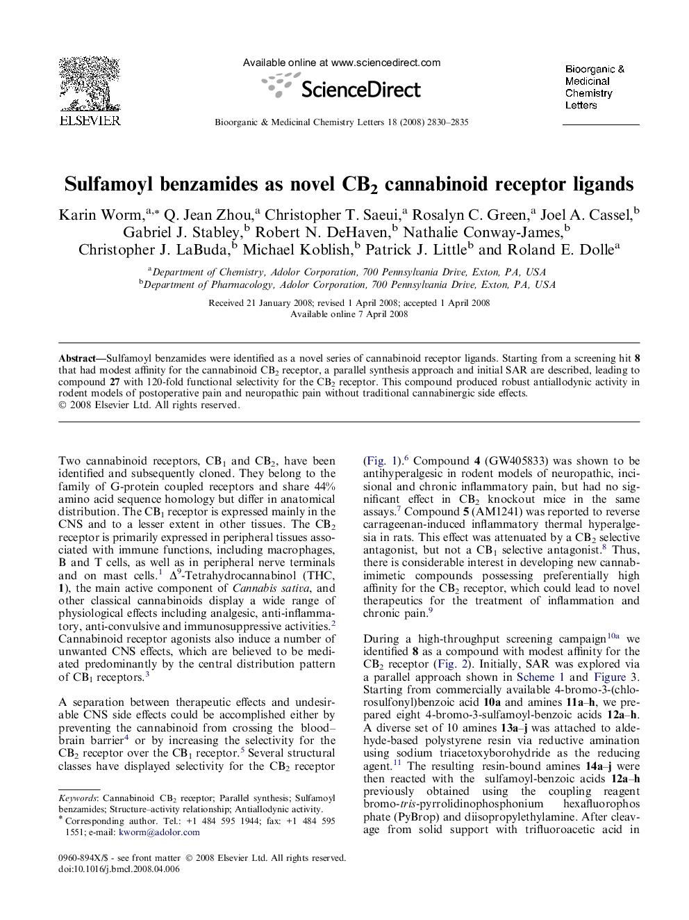 Sulfamoyl benzamides as novel CB2 cannabinoid receptor ligands