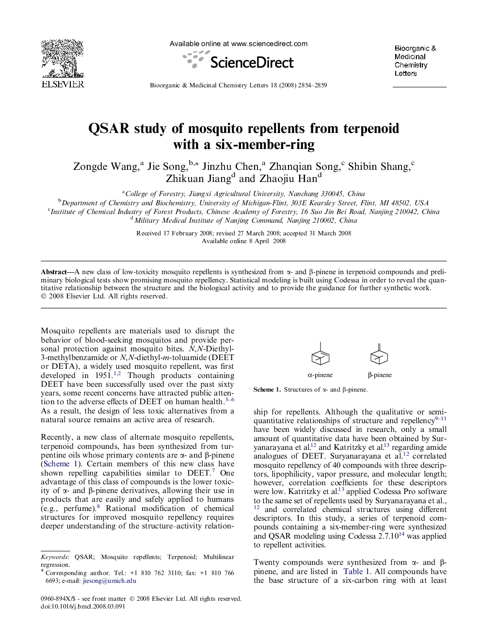 عکس صفحه اول مقاله: QSAR study of mosquito repellents from terpenoid with a six-member-ring QSAR study of mosquito repellents from terpenoid with a six-member-ring