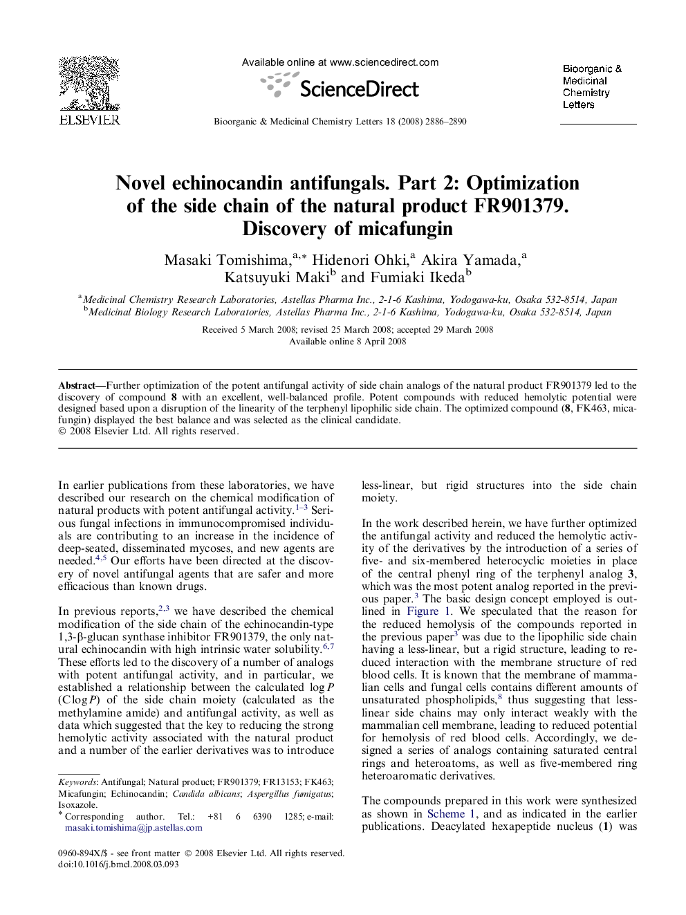 Novel echinocandin antifungals. Part 2: Optimization of the side chain of the natural product FR901379. Discovery of micafungin