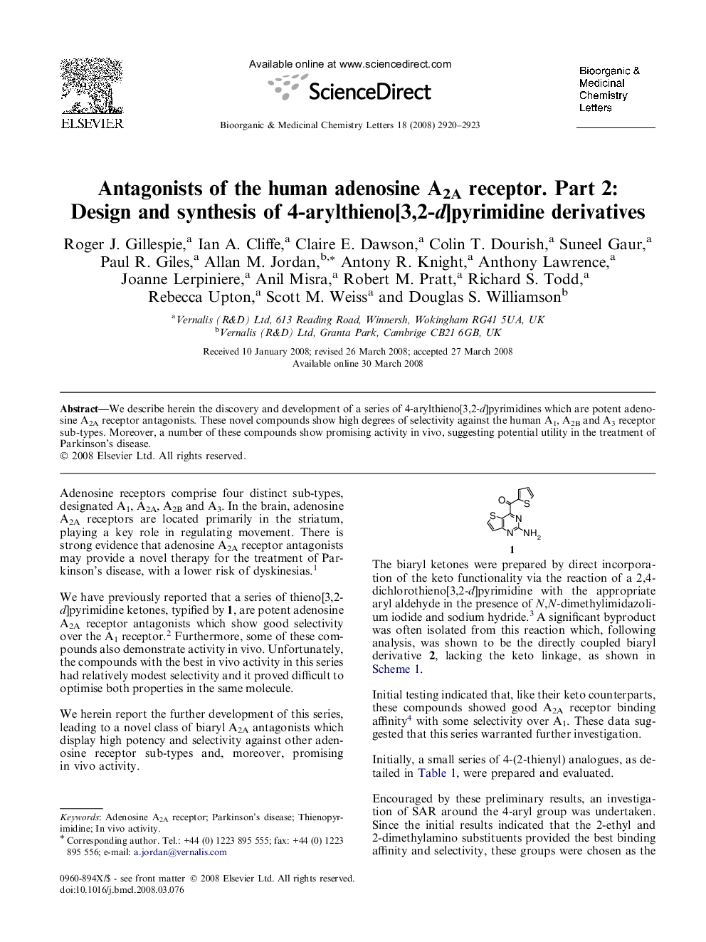 Antagonists of the human adenosine A2A receptor. Part 2: Design and synthesis of 4-arylthieno[3,2-d]pyrimidine derivatives