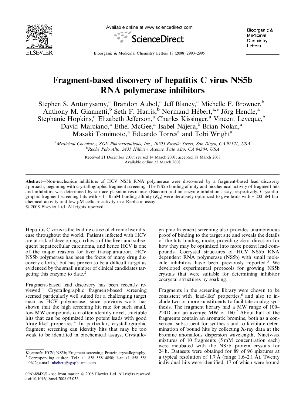 Fragment-based discovery of hepatitis C virus NS5b RNA polymerase inhibitors