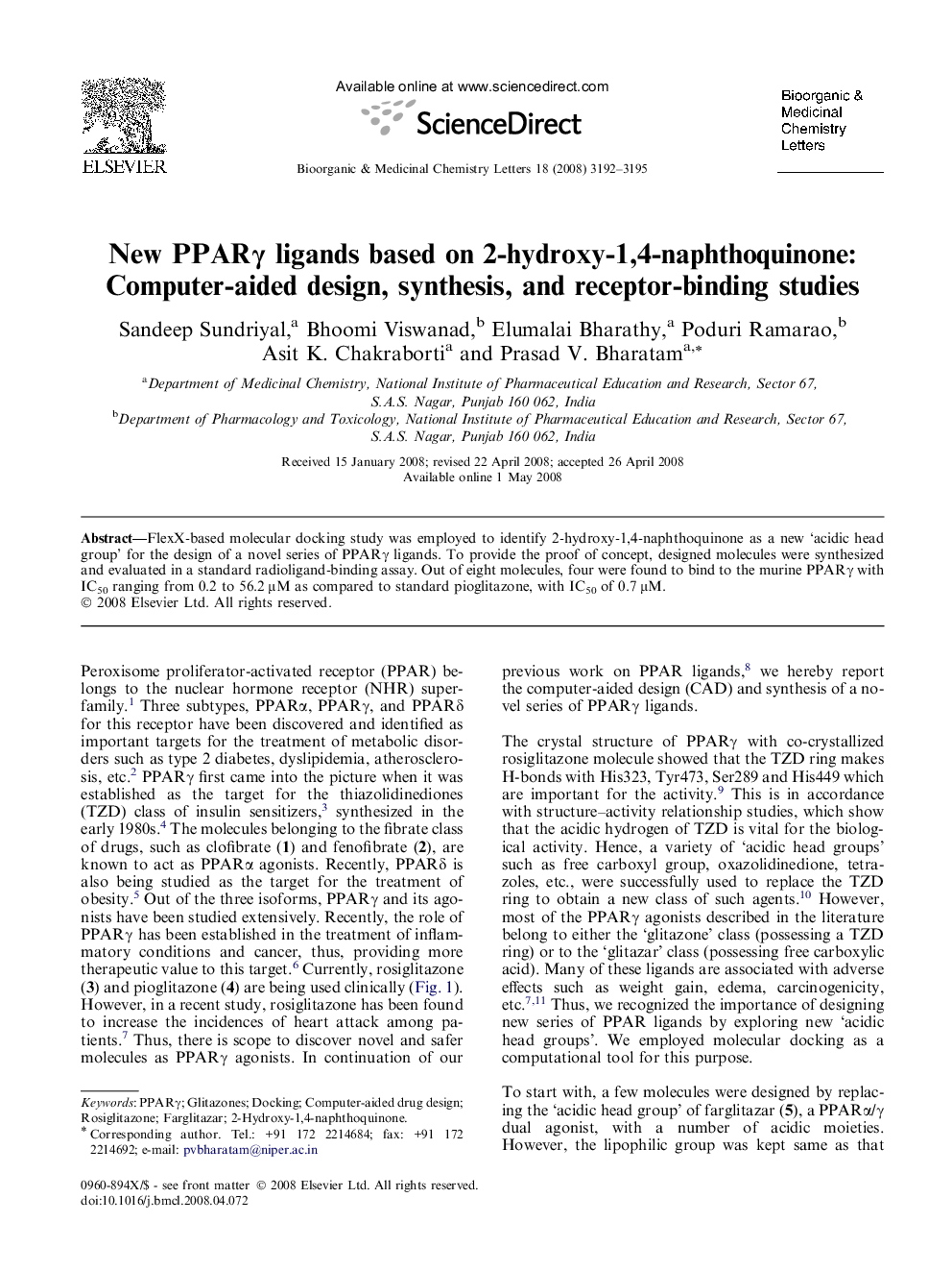 New PPARγ ligands based on 2-hydroxy-1,4-naphthoquinone: Computer-aided design, synthesis, and receptor-binding studies
