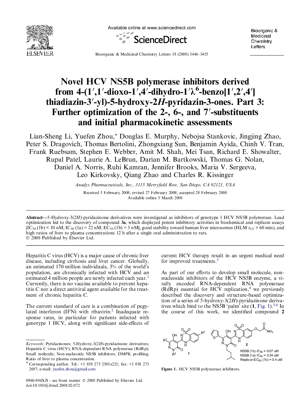 Novel HCV NS5B polymerase inhibitors derived from 4-(1′,1′-dioxo-1′,4′-dihydro-1′λ6-benzo[1′,2′,4′]thiadiazin-3′-yl)-5-hydroxy-2H-pyridazin-3-ones. Part 3: Further optimization of the 2-, 6-, and 7′-substituents and initial pharmacokinetic assessments