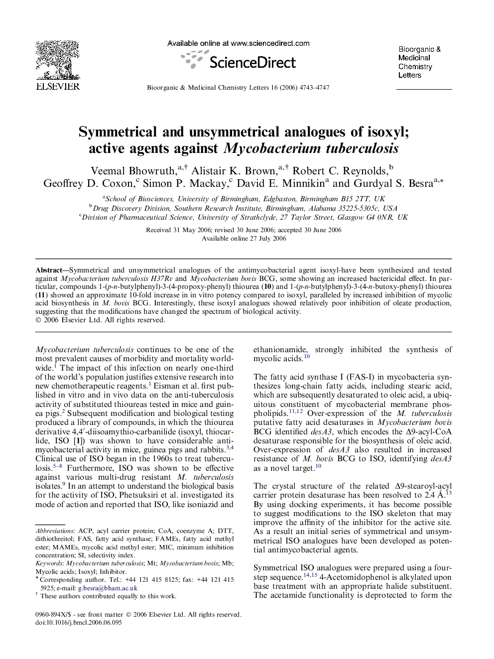 Symmetrical and unsymmetrical analogues of isoxyl; active agents against Mycobacterium tuberculosis