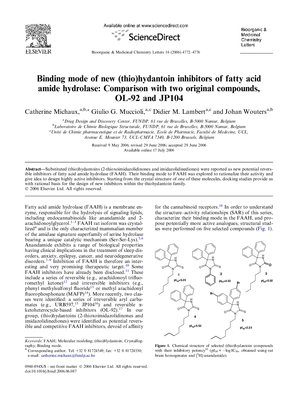 Binding mode of new (thio)hydantoin inhibitors of fatty acid amide hydrolase: Comparison with two original compounds, OL-92 and JP104