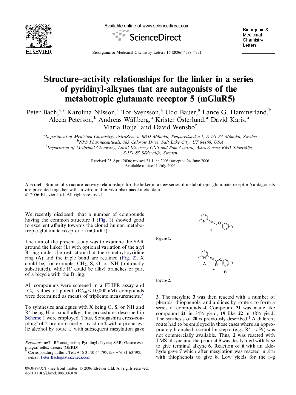 Structure–activity relationships for the linker in a series of pyridinyl-alkynes that are antagonists of the metabotropic glutamate receptor 5 (mGluR5)