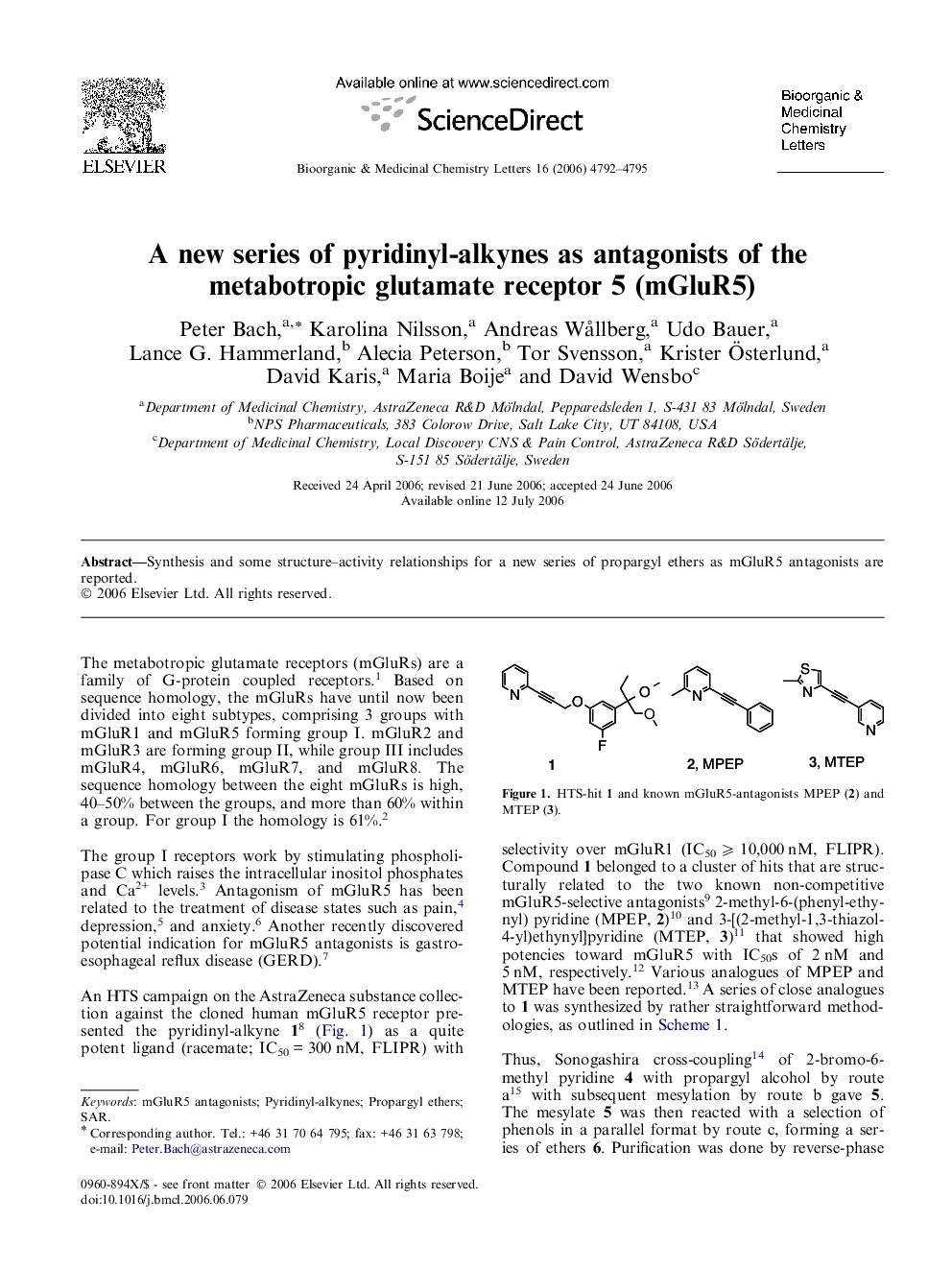 A new series of pyridinyl-alkynes as antagonists of the metabotropic glutamate receptor 5 (mGluR5)