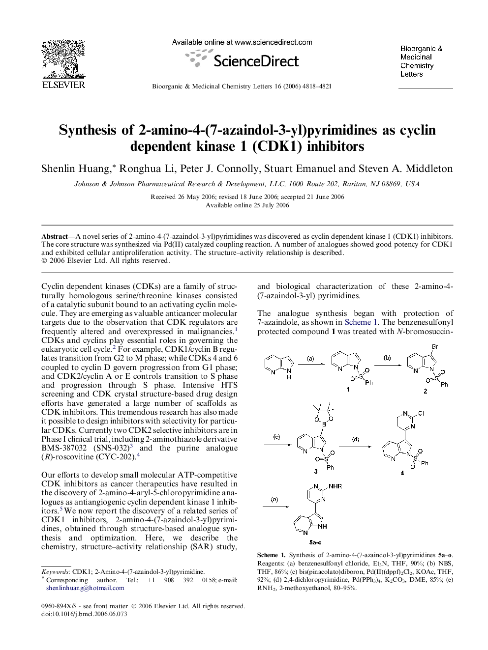 Synthesis of 2-amino-4-(7-azaindol-3-yl)pyrimidines as cyclin dependent kinase 1 (CDK1) inhibitors