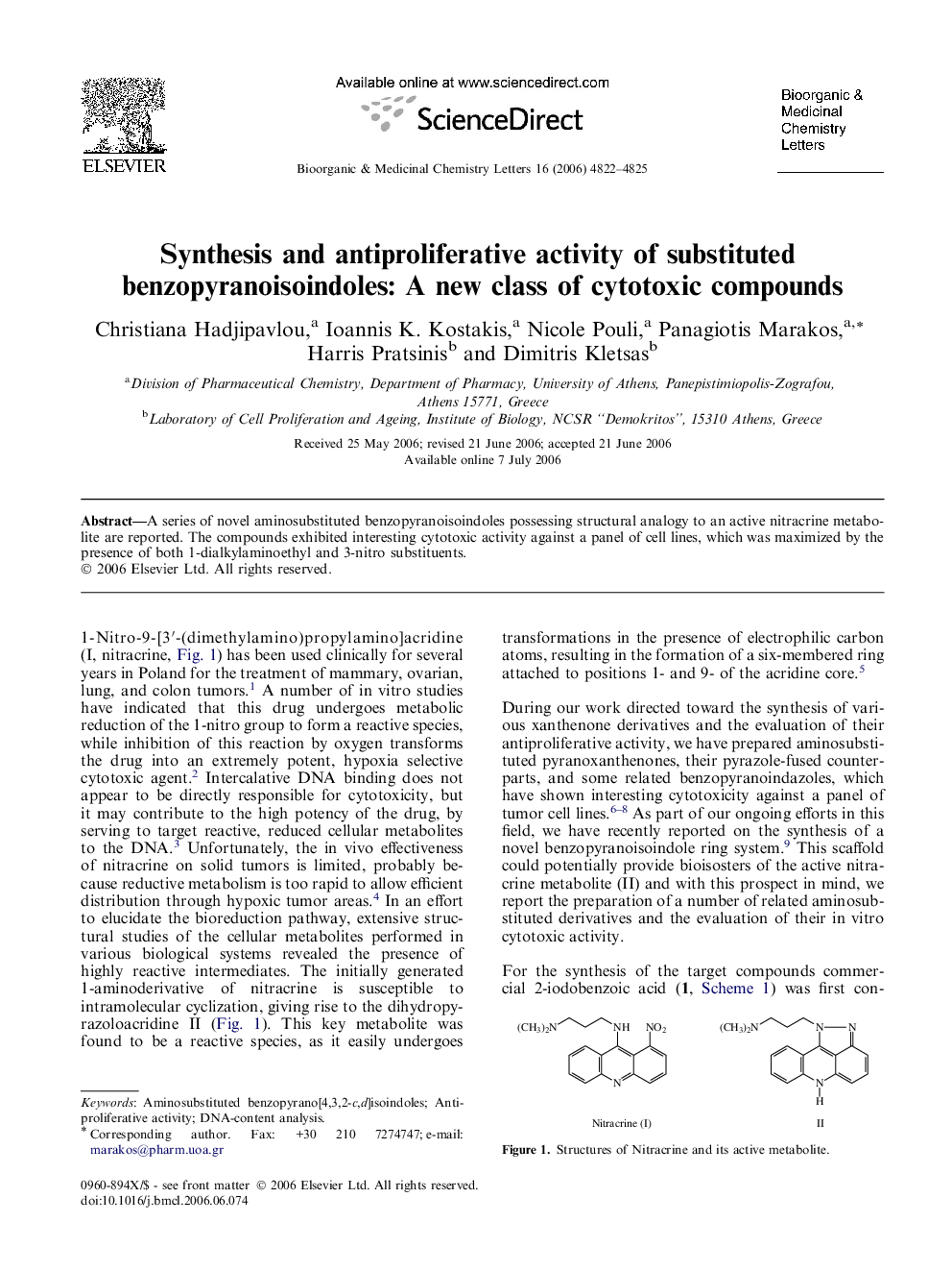 Synthesis and antiproliferative activity of substituted benzopyranoisoindoles: A new class of cytotoxic compounds