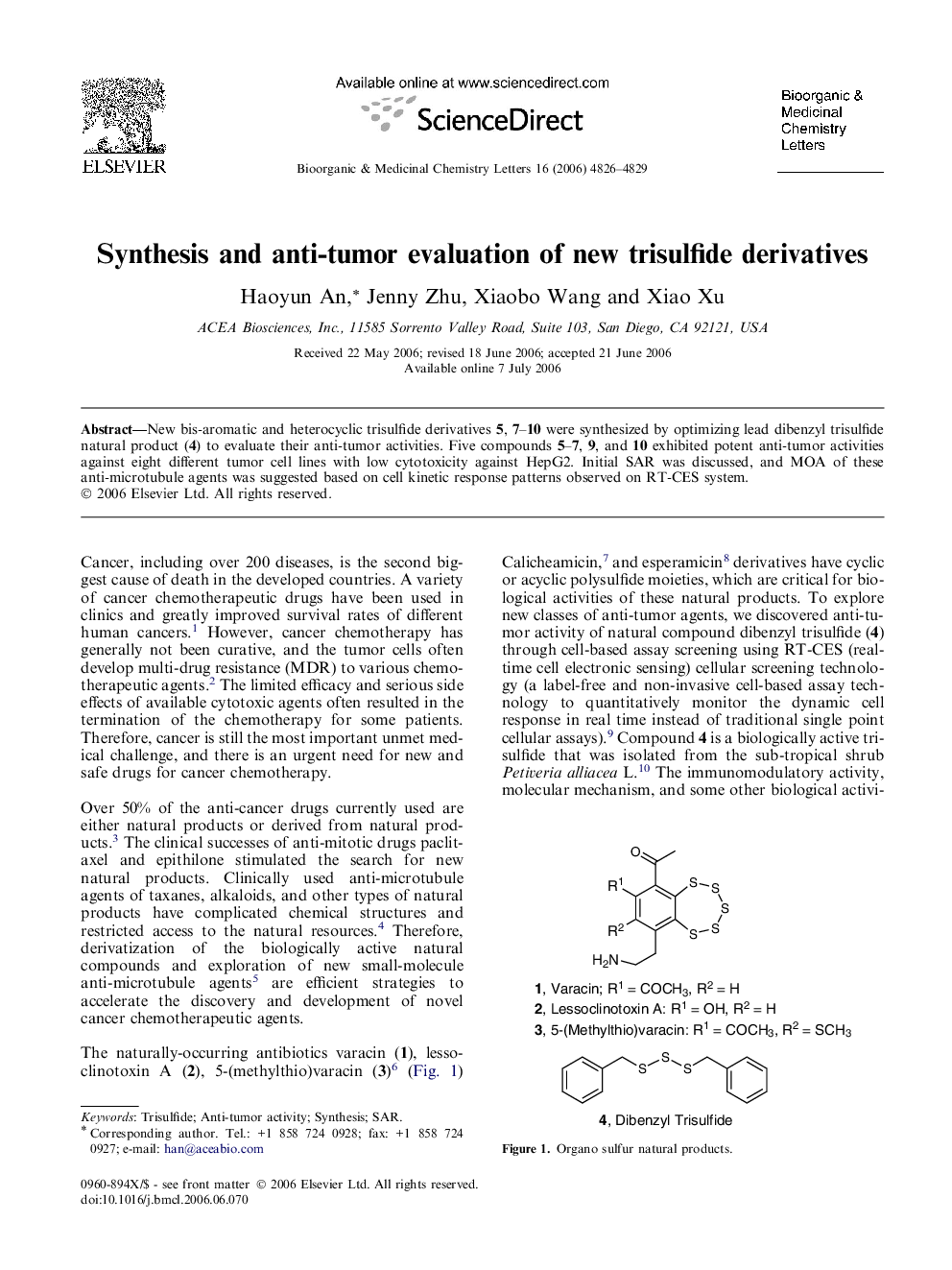 Synthesis and anti-tumor evaluation of new trisulfide derivatives