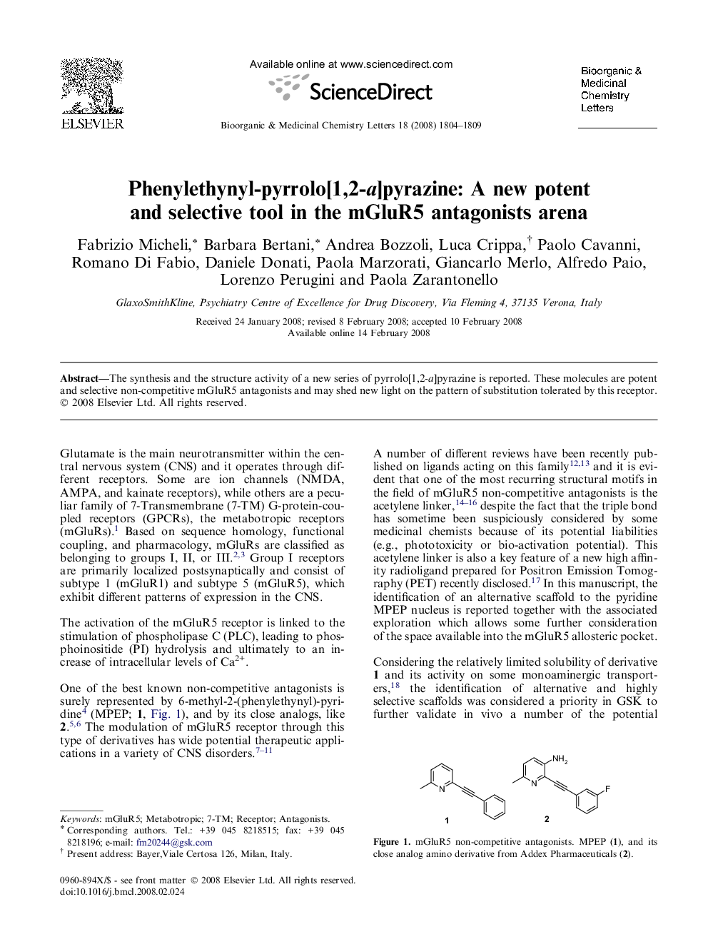 Phenylethynyl-pyrrolo[1,2-a]pyrazine: A new potent and selective tool in the mGluR5 antagonists arena