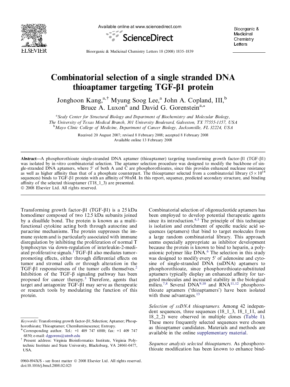 Combinatorial selection of a single stranded DNA thioaptamer targeting TGF-β1 protein