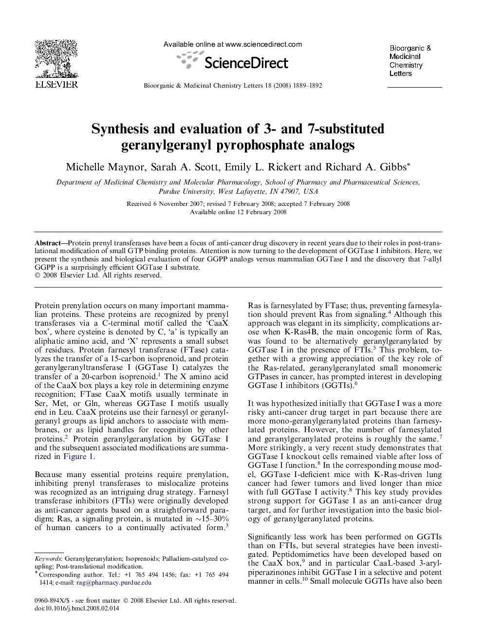 Synthesis and evaluation of 3- and 7-substituted geranylgeranyl pyrophosphate analogs