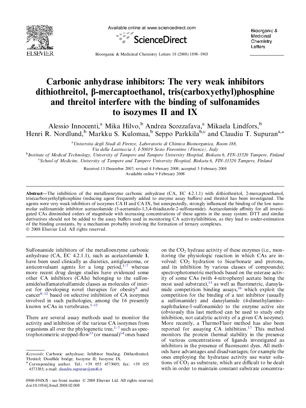 Carbonic anhydrase inhibitors: The very weak inhibitors dithiothreitol, β-mercaptoethanol, tris(carboxyethyl)phosphine and threitol interfere with the binding of sulfonamides to isozymes II and IX