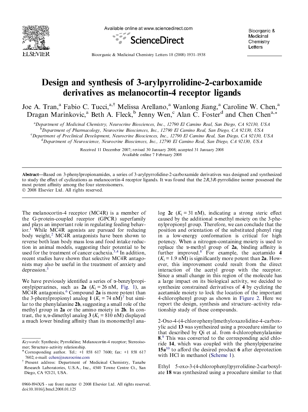 Design and synthesis of 3-arylpyrrolidine-2-carboxamide derivatives as melanocortin-4 receptor ligands