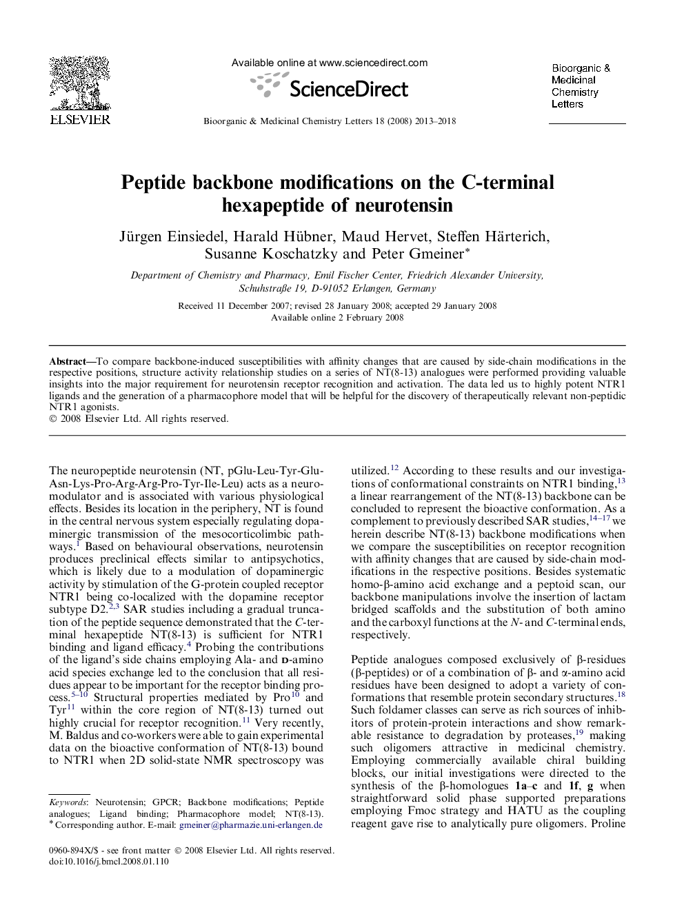 Peptide backbone modifications on the C-terminal hexapeptide of neurotensin